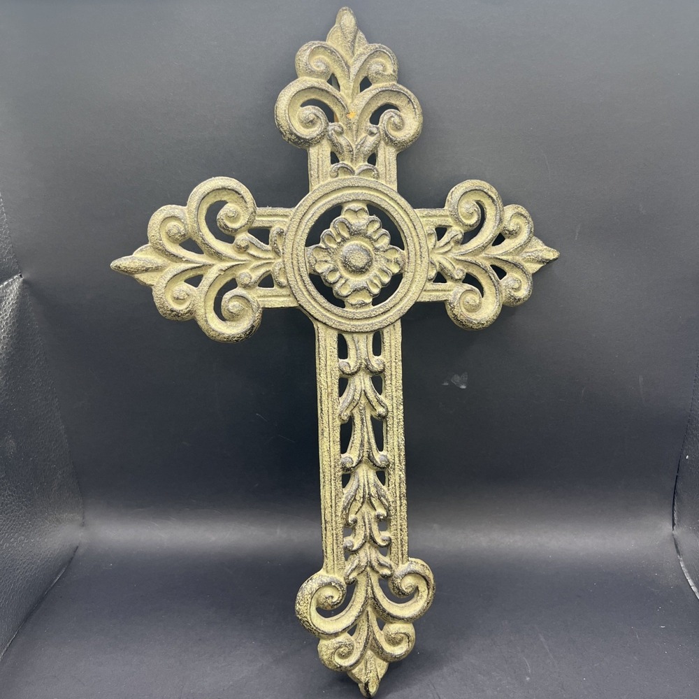 Vintage Style Cast Wall Cross Fleur De Lis Ornate Gothic Rustic Patina 13.5x9